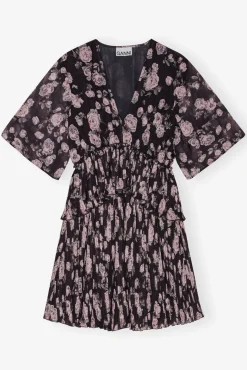 GANNI Kjoler<Floral Printed Pleated Georgette Mini-kjole Phantom