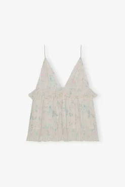 GANNI Topper<Floral Printed Pleated Georgette Strap-topp Tofu