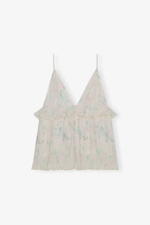 GANNI Topper<Floral Printed Pleated Georgette Strap-topp Tofu