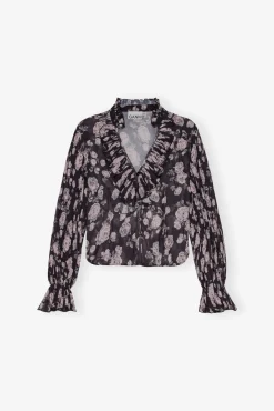 GANNI Topper<Floral Printed Pleated Georgette-bluse Phantom