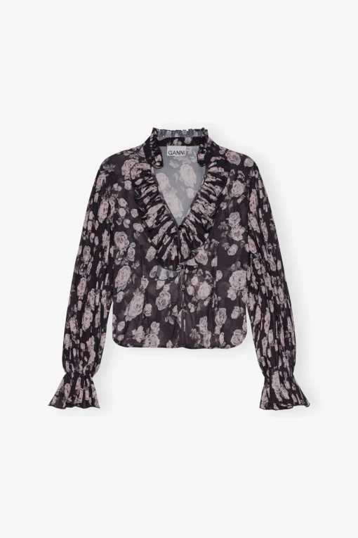 GANNI Topper<Floral Printed Pleated Georgette-bluse Phantom