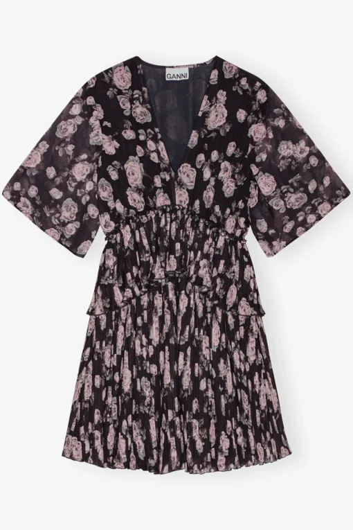 GANNI Kjoler<Floral Printed Pleated Georgette Mini-kjole Phantom