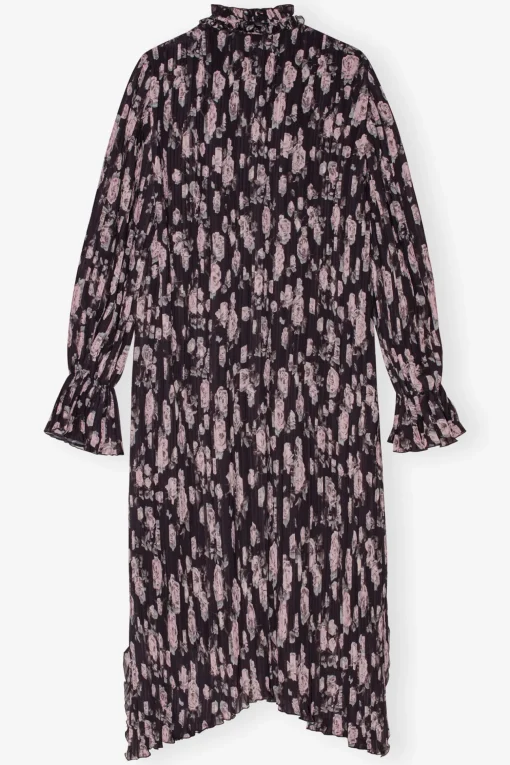 GANNI Kjoler<Floral Printed Pleated Georgette Midi-kjole Phantom