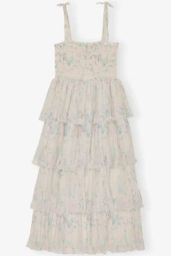 GANNI Kjoler<Floral Printed Pleated Georgette Strap Smock Midi-kjole Tofu