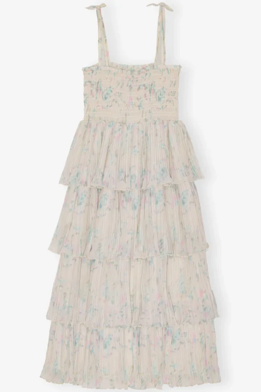 GANNI Kjoler<Floral Printed Pleated Georgette Strap Smock Midi-kjole Tofu