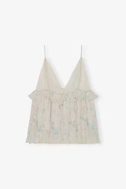 GANNI Topper<Floral Printed Pleated Georgette Strap-topp Tofu