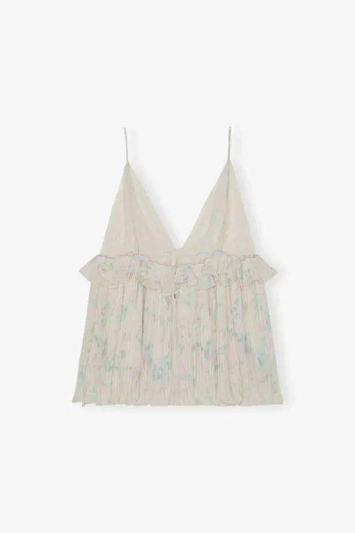 GANNI Topper<Floral Printed Pleated Georgette Strap-topp Tofu