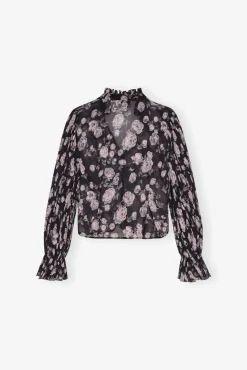 GANNI Topper<Floral Printed Pleated Georgette-bluse Phantom