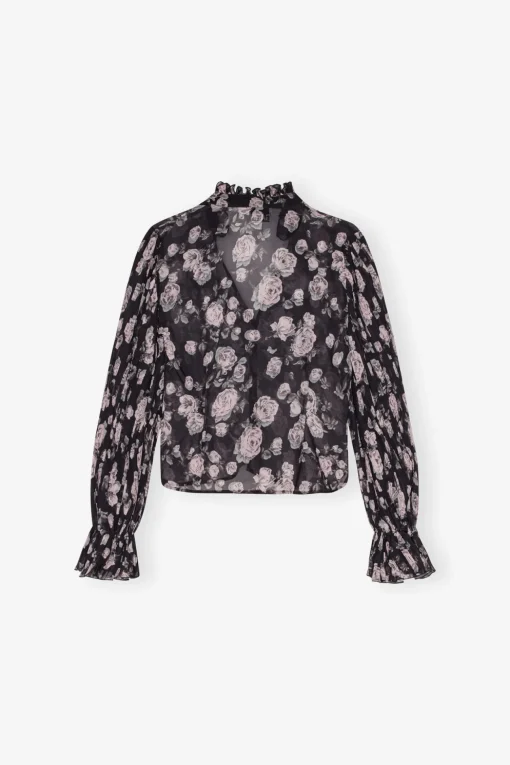GANNI Topper<Floral Printed Pleated Georgette-bluse Phantom