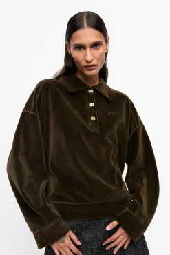 GANNI Ganni Exclusives<Green Velour Drop Shoulder-poloskjorte Kalamata
