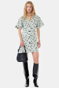 GANNI Kjoler<Grey Floral Printed Organza Jacquard Mini-kjole AquaFoam