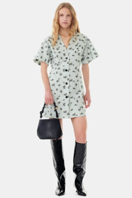 GANNI Kjoler<Grey Floral Printed Organza Jacquard Mini-kjole AquaFoam
