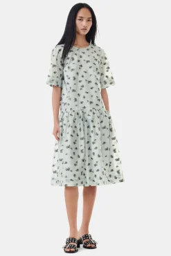 GANNI Kjoler<Grey Floral Printed Organza Jacquard Open-back Midi-kjole AquaFoam