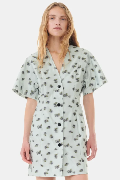 GANNI Kjoler<Grey Floral Printed Organza Jacquard Mini-kjole AquaFoam