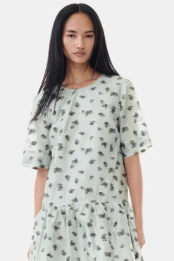 GANNI Kjoler<Grey Floral Printed Organza Jacquard Open-back Midi-kjole AquaFoam