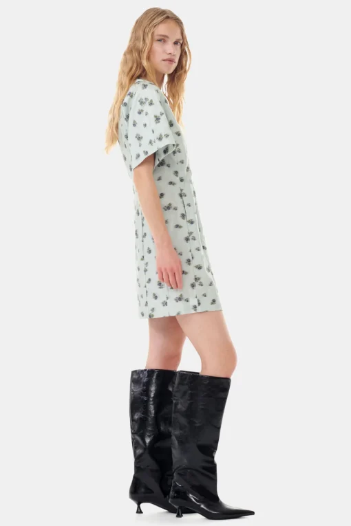 GANNI Kjoler<Grey Floral Printed Organza Jacquard Mini-kjole AquaFoam