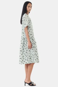GANNI Kjoler<Grey Floral Printed Organza Jacquard Open-back Midi-kjole AquaFoam