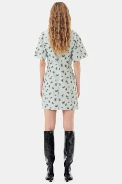 GANNI Kjoler<Grey Floral Printed Organza Jacquard Mini-kjole AquaFoam