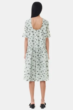 GANNI Kjoler<Grey Floral Printed Organza Jacquard Open-back Midi-kjole AquaFoam