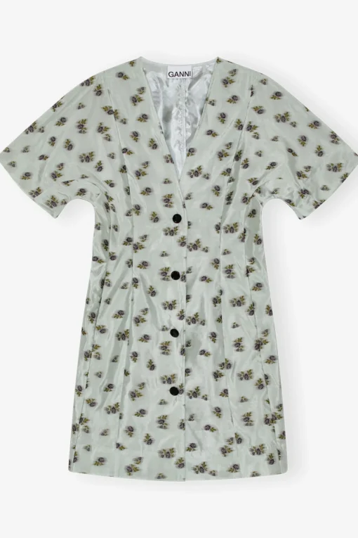 GANNI Kjoler<Grey Floral Printed Organza Jacquard Mini-kjole AquaFoam
