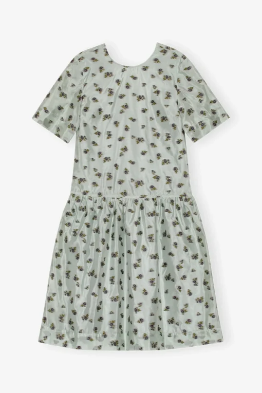 GANNI Kjoler<Grey Floral Printed Organza Jacquard Open-back Midi-kjole AquaFoam