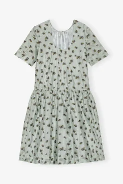 GANNI Kjoler<Grey Floral Printed Organza Jacquard Open-back Midi-kjole AquaFoam