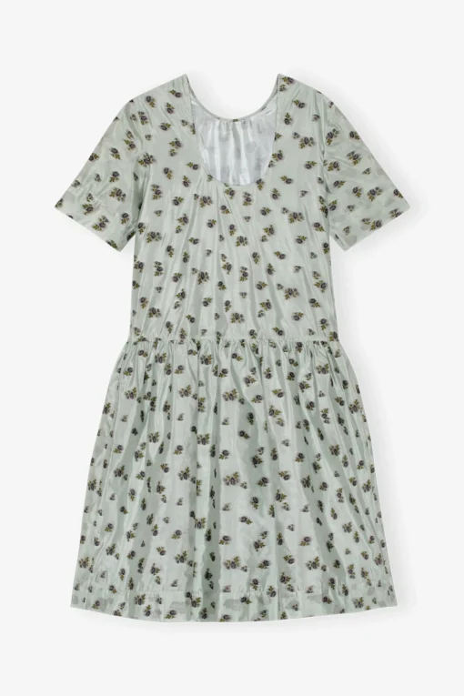 GANNI Kjoler<Grey Floral Printed Organza Jacquard Open-back Midi-kjole AquaFoam