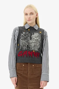 GANNI Plus Size Klær | Strikkeplagg<Grey Graphic Cats-vest GrayQuill