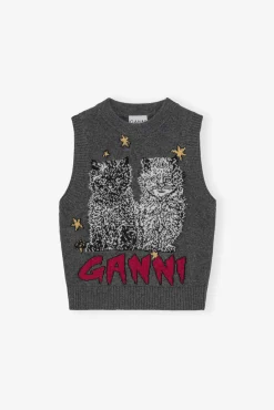 GANNI Plus Size Klær | Strikkeplagg<Grey Graphic Cats-vest GrayQuill
