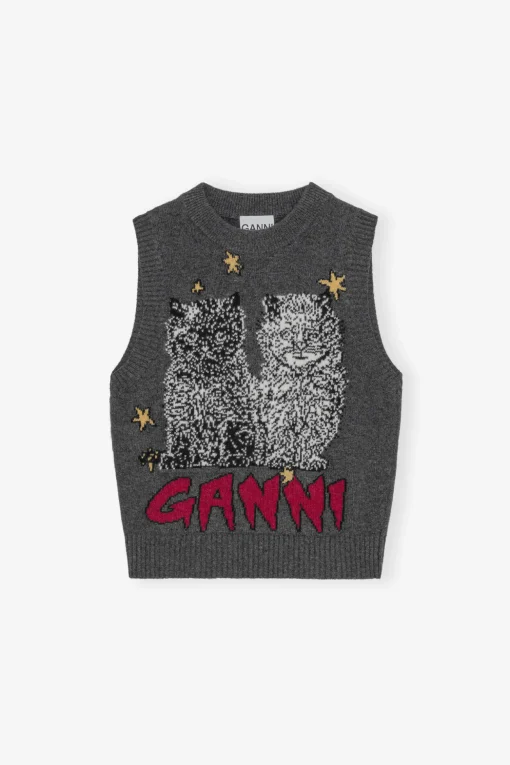 GANNI Plus Size Klær | Strikkeplagg<Grey Graphic Cats-vest GrayQuill
