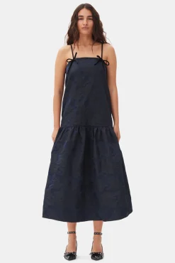 GANNI Kjoler<Navy Blue Botanical Jacquard Strap Midi-kjole Peacoat
