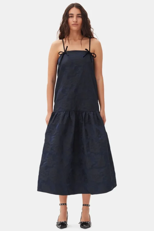 GANNI Kjoler<Navy Blue Botanical Jacquard Strap Midi-kjole Peacoat