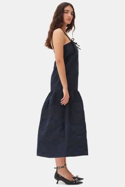 GANNI Kjoler<Navy Blue Botanical Jacquard Strap Midi-kjole Peacoat