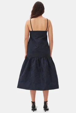 GANNI Kjoler<Navy Blue Botanical Jacquard Strap Midi-kjole Peacoat