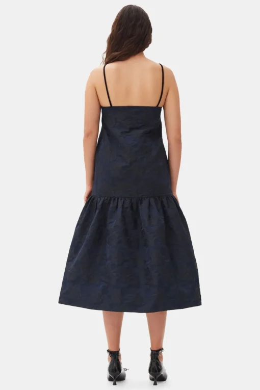GANNI Kjoler<Navy Blue Botanical Jacquard Strap Midi-kjole Peacoat