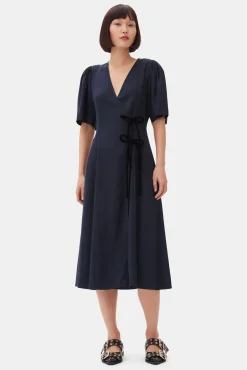 GANNI Kjoler<Navy Blue Viscose Twill Wrap Midi-kjole SkyCaptain