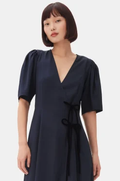 GANNI Kjoler<Navy Blue Viscose Twill Wrap Midi-kjole SkyCaptain