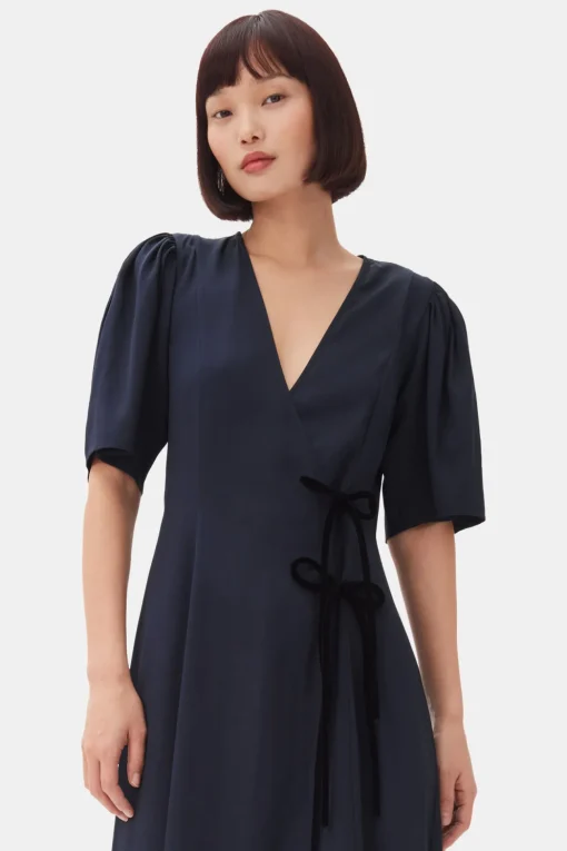 GANNI Kjoler<Navy Blue Viscose Twill Wrap Midi-kjole SkyCaptain