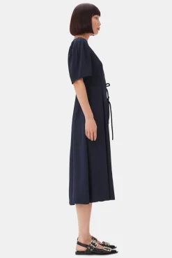 GANNI Kjoler<Navy Blue Viscose Twill Wrap Midi-kjole SkyCaptain