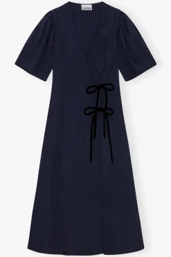 GANNI Kjoler<Navy Blue Viscose Twill Wrap Midi-kjole SkyCaptain