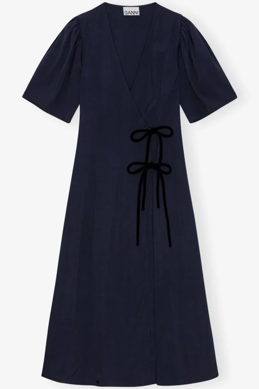 GANNI Kjoler<Navy Blue Viscose Twill Wrap Midi-kjole SkyCaptain