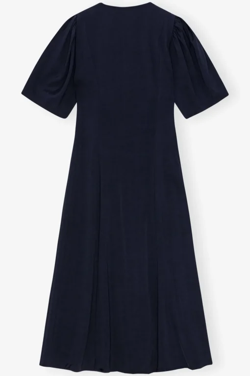 GANNI Kjoler<Navy Blue Viscose Twill Wrap Midi-kjole SkyCaptain