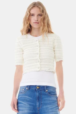 GANNI Plus Size Klær | Strikkeplagg<Off-white Pointelle Short Sleeve-cardigan Egret