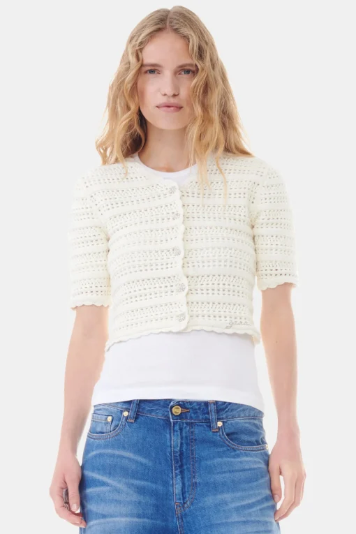 GANNI Plus Size Klær | Strikkeplagg<Off-white Pointelle Short Sleeve-cardigan Egret