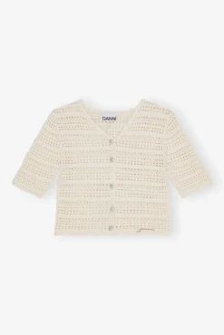 GANNI Plus Size Klær | Strikkeplagg<Off-white Pointelle Short Sleeve-cardigan Egret