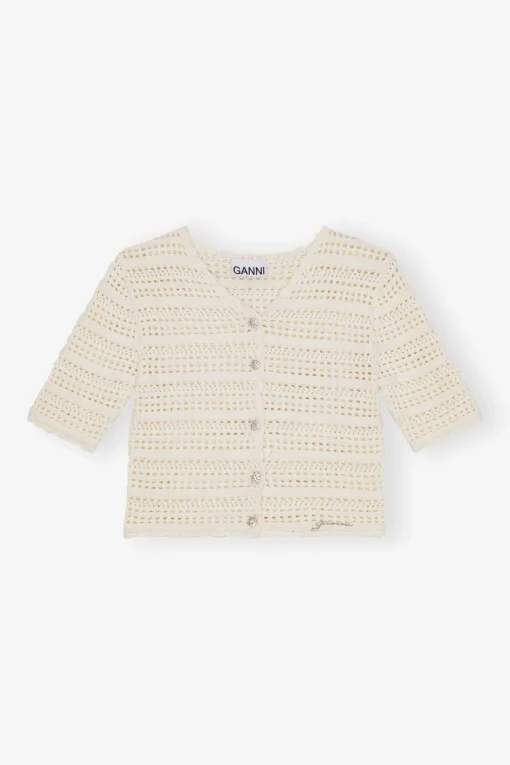 GANNI Plus Size Klær | Strikkeplagg<Off-white Pointelle Short Sleeve-cardigan Egret