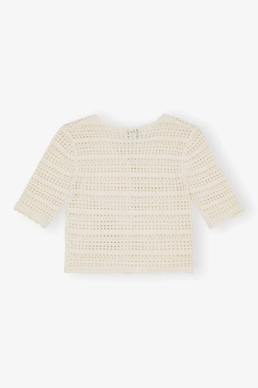 GANNI Plus Size Klær | Strikkeplagg<Off-white Pointelle Short Sleeve-cardigan Egret