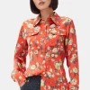 GANNI Topper<Orange Floral Printed Satin-skjorte Poinciana