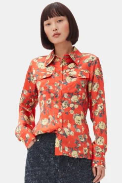 GANNI Topper<Orange Floral Printed Satin-skjorte Poinciana