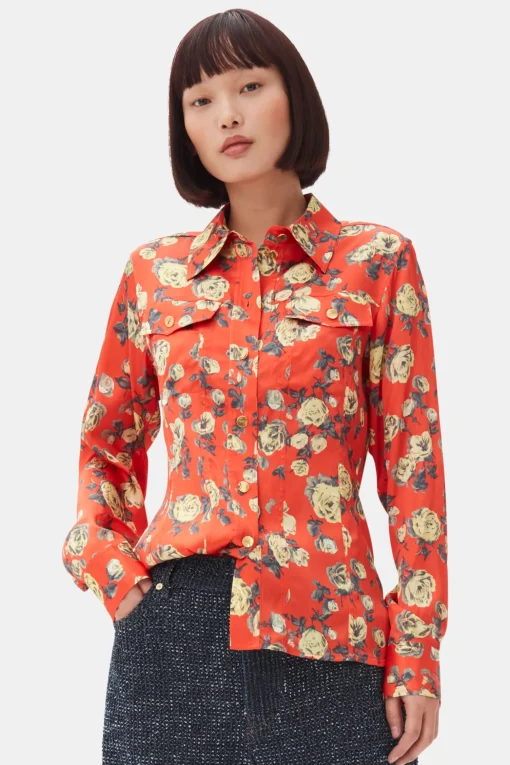 GANNI Topper<Orange Floral Printed Satin-skjorte Poinciana